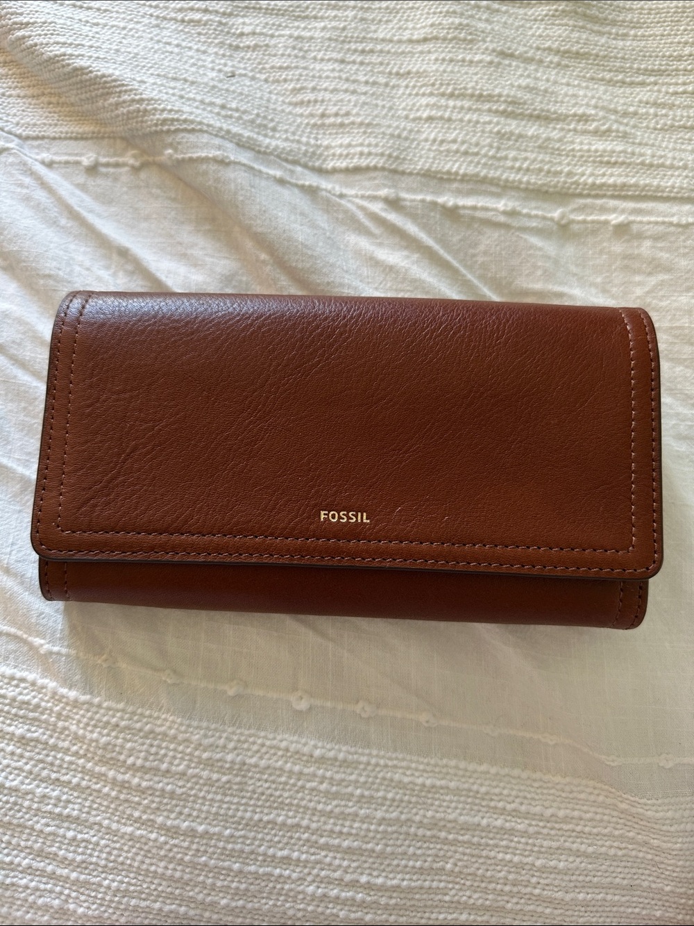 Fossil Cognac Brown Leather Continental Wallet with “KG” Heatstamping!